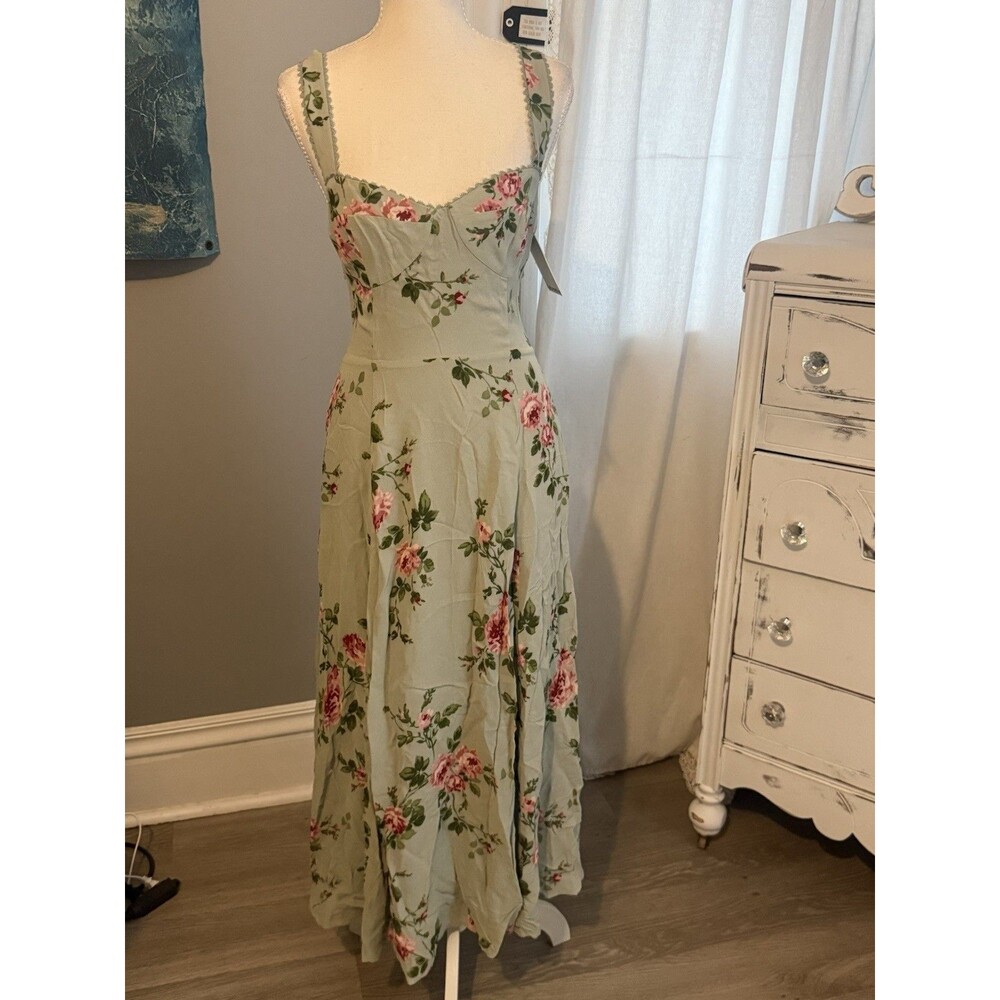 Reformation Lela Dress Size 8 Green Pink Floral Open Back Midi Cottagecore NWT